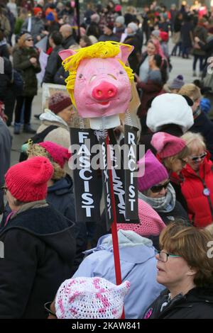 Frau mit einem Bildnis, das den amerikanischen Präsidenten Donald Trump als Schwein darstellt, während Hunderte am Frauenmarsch in der Innenstadt von Toronto, Kanada, am 20. Januar 2018 teilnehmen. (Foto von Creative Touch Imaging Ltd./NurPhoto) Stockfoto