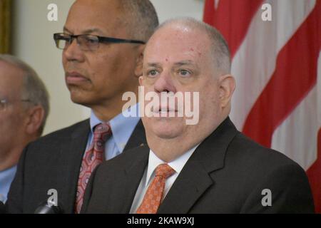 Larry Hogan, Gouverneur von Maryland, hält am 25. Januar 2018 im Empfangsraum des Gouverneurs im Maryland State House in Annapolis, M.D. eine Pressekonferenz ab (Foto: Kyle Mazza/NurPhoto) Stockfoto