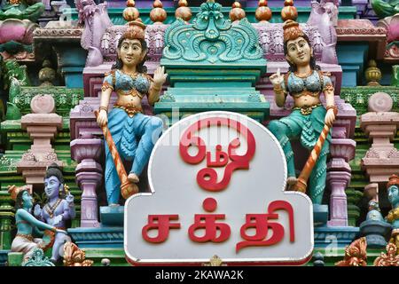 Komplizierte Figuren hinduistischer Gottheiten schmücken Gopuram (Turm) des Sri Muthumariamman Hindu-Tempels in Jaffna, Sri Lanka. (Foto von Creative Touch Imaging Ltd./NurPhoto) Stockfoto