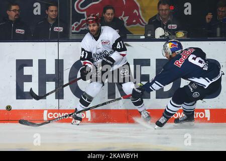 Daryl Boyle von Red Bull München verheißt Justin Shugg von Koelner Haie während des Spieltages 46. der Deutschen Eishockey Liga zwischen Red Bull München und Koelner Haie am 26. Januar 2018 im Olympia Eissportzentrum in München. (Foto von Marcel Engelbrecht/NurPhoto) Stockfoto