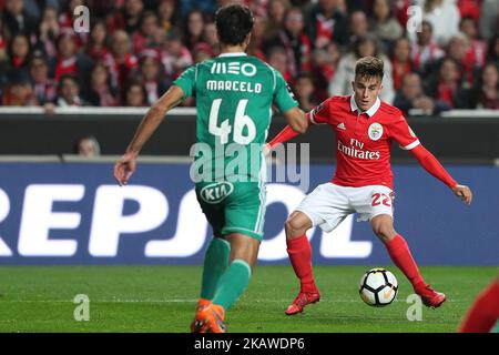 Benficas argentinischer Stürmer Franco Cervi steht mit dem Verteidiger Marcelo (L) von Rio Ave während des Fußballspiels SL Benfica gegen den FC Rio Ave am 3. Februar 2018 im Luz-Stadion in Lissabon, Portugal, gegenüber. ( Foto von Pedro FiÃºza/NurPhoto) Stockfoto