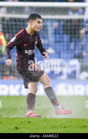 FC Barcelona Mittelfeldspieler Philippe Coutinha (14) während des Spiels zwischen RCD Espanyol und FC Barcelona, für die Runde 22 der Liga Santander, spielte am 4. Februar 2018 im Cornella-El Prat-Stadion in Barcelona, Spanien. -- (Foto von Urbanandsport/NurPhoto) Stockfoto