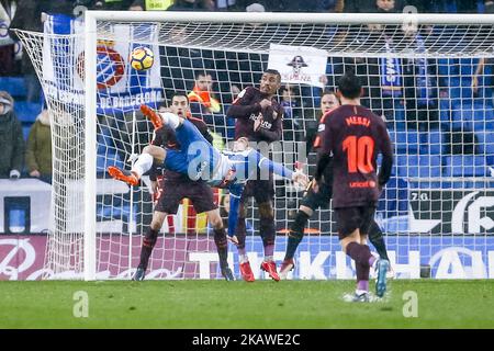 RCD Espanyol-Stürmer Gerard Moreno (7) während des Spiels zwischen RCD Espanyol und FC Barcelona, für die Runde 22 der Liga Santander, spielte am 4. Februar 2018 im Cornella-El Prat-Stadion in Barcelona, Spanien. -- (Foto von Urbanandsport/NurPhoto) Stockfoto