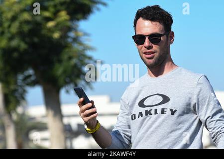 Mark Cavendish aus Großbritannien vom Dimension Data Team während einer Pressekonferenz am Vorabend der Dubai Tour 2018, die vom 6.. Bis 10.. Februar stattfinden wird. Am Montag, den 5. Februar 2018, in Dubai, Vereinigte Arabische Emirate. (Foto von Artur Widak/NurPhoto) Stockfoto