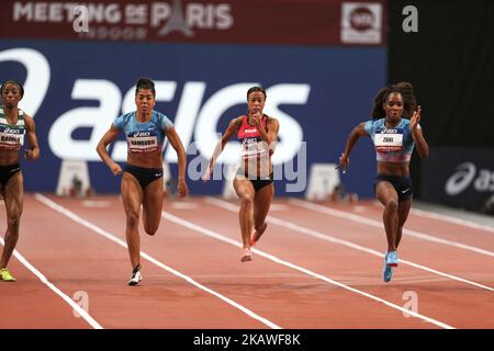 Von links nach rechts: Lorene Bazolo aus Portugal, Mujinga Kambudji aus der Schweiz, Tatjana Pinto aus Deutschland, Carolle Zahi aus Frankreich treten 60m während des Leichtathletik-Hallentreffens von Paris 2018 in der AccorHotels Arena (Bercy) in Paris, Frankreich, am 7. Februar 2018 an. (Foto von Michel Stoupak/NurPhoto) Stockfoto