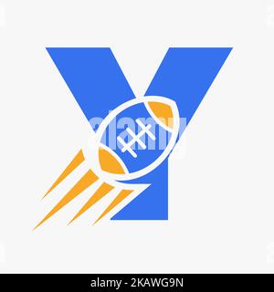 Logo mit Y-Schriftzug und bewegter Rugby-Ball-Ikone. Rugby Sports Logo Symbol Vektor-Vorlage Stock Vektor