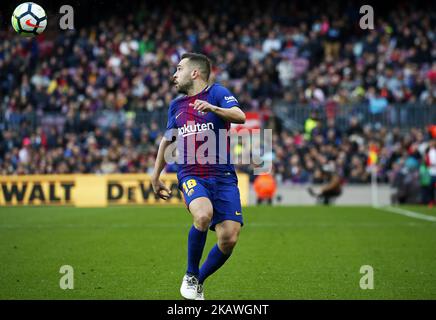 Jordi Alba spielte während des Spiels zwischen FC Barcelona und Getafe CF für die Runde 23 der Liga Santander am 11.. Februar 2018 im Camp Nou Stadium in Barcelona, Spanien. -- (Foto von Urbanandsport/NurPhoto) Stockfoto