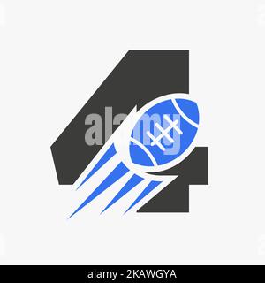 Rugby-Logo Mit Dem Buchstaben 4 Und Bewegter Rugby-Ball-Ikone. Rugby Sports Logo Symbol Vektor-Vorlage Stock Vektor