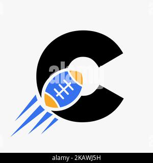 Rugby-Logo mit C-Schriftzug und bewegter Rugby-Ball-Ikone. Rugby Sports Logo Symbol Vektor-Vorlage Stock Vektor