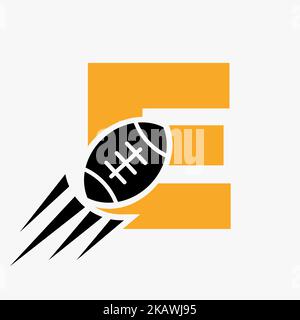 „Letter E“-Rugby-Logo-Konzept mit bewegter Rugby-Ball-Ikone. Rugby Sports Logo Symbol Vektor-Vorlage Stock Vektor