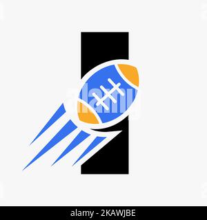 Letter I Rugby-Logo-Konzept mit bewegter Rugby-Ball-Ikone. Rugby Sports Logo Symbol Vektor-Vorlage Stock Vektor