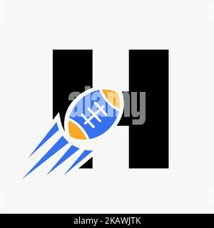 Rugby-Logo mit H-Schriftzug und bewegter Rugby-Ball-Ikone. Rugby Sports Logo Symbol Vektor-Vorlage Stock Vektor
