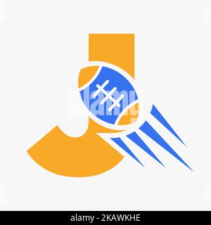 Rugby-Logo mit J-Schriftzug und bewegter Rugby-Ball-Ikone. Rugby Sports Logo Symbol Vektor-Vorlage Stock Vektor