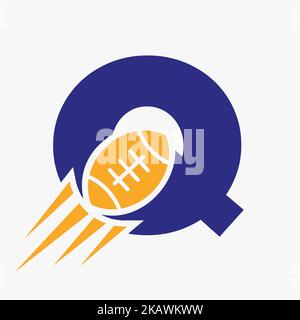 Q Rugby Logo-Konzept mit bewegter Rugby-Ball-Ikone. Rugby Sports Logo Symbol Vektor-Vorlage Stock Vektor