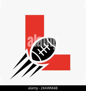 Logo „L“ mit bewegter Rugby-Ball-Ikone. Rugby Sports Logo Symbol Vektor-Vorlage Stock Vektor