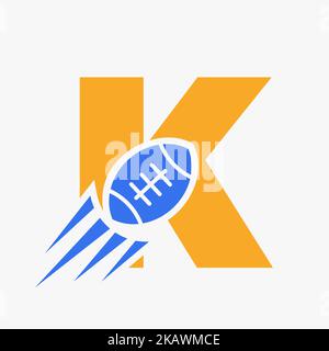 Rugby-Logo mit dem Buchstaben K und bewegter Rugby-Ball-Ikone. Rugby Sports Logo Symbol Vektor-Vorlage Stock Vektor
