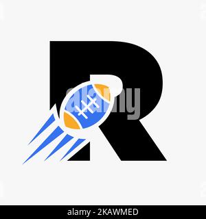 Rugby-Logo mit dem Buchstaben R und bewegter Rugby-Ball-Ikone. Rugby Sports Logo Symbol Vektor-Vorlage Stock Vektor