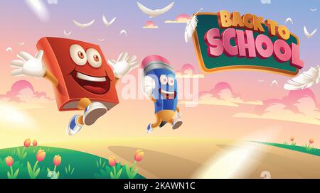 Eine Vektordarstellung eines Back-to-School-Posters mit Buch- und Bleistift-Zeichentrickfiguren Stock Vektor