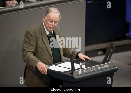 Der Fraktionsvorsitzende der AfD-Partei Alexander Gauland hält während der 14. Plenarsitzung im Bundestag am 22. Februar 2018 in Berlin eine Rede. (Foto von Emmanuele Contini/NurPhoto) Stockfoto