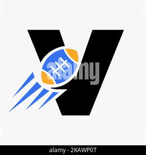 Rugby-Logo mit dem Buchstaben V und bewegter Rugby-Ball-Ikone. Rugby Sports Logo Symbol Vektor-Vorlage Stock Vektor