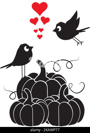 Kürbis-Illustration und Vogelsilhouetten isoliert auf weißem Hintergrund, Vektor. Minimalistisches Schwarz-Weiß-Kunstdesign, Kunstwerke Stock Vektor
