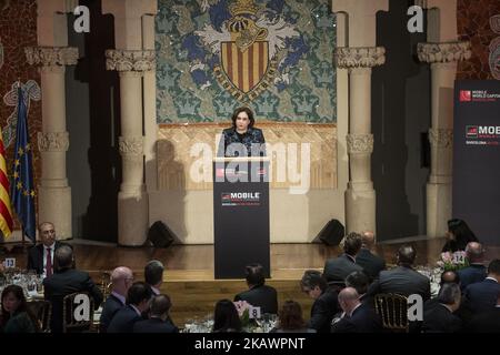 Ada Colau, Bürgermeisterin von Barcelona, während des Königs von Spanien, der am 25. Februar 2018 in Barcelona, Spanien, am offiziellen Dinner des Mobile World Congress im Palau de la Musica de Barcelona teilnahm. (Foto von Xavier Bonilla/NurPhoto) Stockfoto