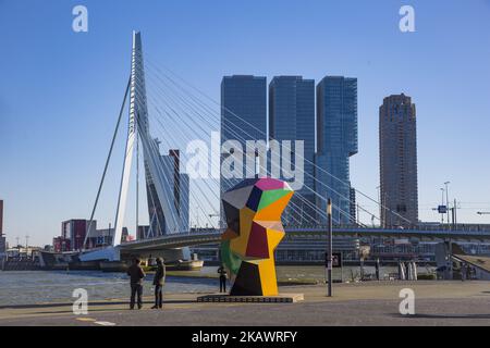 Erasmusbrug oder Erasmus-Brücke in Rotterdam, Niederlande am 25. Februar 2018. Die berühmte Kabelbrücke ist nach Desiderius Erasmus aus Rotterdam benannt. Die Brücke hat einen Spitznamen, genannt 'der Schwan'. Es wurde 1996 in Höhe von 165 Millionen Euro gebaut. Die Gesamtlänge der Brücke beträgt 802 Meter und ist 139m Meter hoch. Es ist die Bascule Brücke ist die größte und schwerste in West-Euroope. Heute ist ein Meilenstein für Rotterdam, die Niederlande und Europa, wo viele Veranstaltungen stattfinden und in vielen Filmen zu sehen sind. (Foto von Nicolas Economou/NurPhoto) Stockfoto