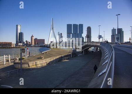 Erasmusbrug oder Erasmus-Brücke in Rotterdam, Niederlande am 25. Februar 2018. Die berühmte Kabelbrücke ist nach Desiderius Erasmus aus Rotterdam benannt. Die Brücke hat einen Spitznamen, genannt 'der Schwan'. Es wurde 1996 in Höhe von 165 Millionen Euro gebaut. Die Gesamtlänge der Brücke beträgt 802 Meter und ist 139m Meter hoch. Es ist die Bascule Brücke ist die größte und schwerste in West-Euroope. Heute ist ein Meilenstein für Rotterdam, die Niederlande und Europa, wo viele Veranstaltungen stattfinden und in vielen Filmen zu sehen sind. (Foto von Nicolas Economou/NurPhoto) Stockfoto