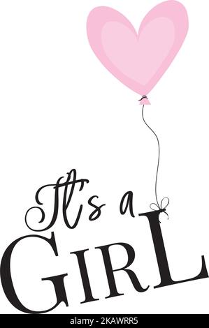 Es ist ein Mädchen, Vektor. Schwebender, herzförmiger Luftballon, Illustration. Rosa Herz Ballon isoliert auf weißem Hintergrund, Vektor. Kunstdesign Stock Vektor