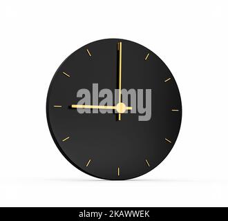 Premium Gold Clock-Symbol auf schwarzem Hintergrund isoliert. 9-Uhr-Zeitsymbol 3D Abbildung Stockfoto