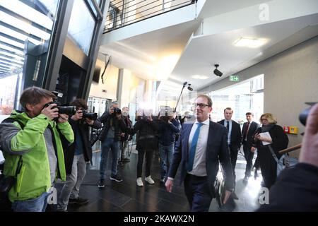 CSU-Landesgruppenleiter Alexander Dobrindt trifft auf die Vorstandssitzung am 5. März 2018 in München ein. Die Christlich-Soziale Union (CSU) hielt eine Vorstandssitzung ab, in der sie über die neuen Bundesminister entscheiden und wahrscheinlich einen neuen Generalsekretär wählen. (Foto von Alexander Pohl/NurPhoto) Stockfoto