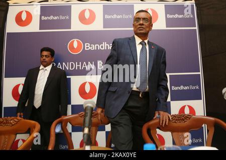 Chandra Shekhar Ghosh, MD & CEO der Bandhan Bank beim Börsengang der Bandhan Bank am 9. März 2018 in Kalkutta, Indien. Bandhan Bank Ltd, die neueste unter den privaten Kreditgebern, sagte heute, dass sie am 15. März 2018 einen Börsengang (Börsengang) von 4.473 Rs Crore starten wird. Die Ausgabe endet am 19. März. Die in Kalkutta ansässige Bank, Die 2015 von einem Mikrofinanzinstitut in eine Bank umgewandelt wurde, wird 2001 laut einer Erklärung der Bank im Rahmen des Börsengangs bis zu 119,3 Millionen Aktien in einer Preisklasse von je 370-375 Rs verkaufen.Kotak Mahindra Capital, Axis Capital, Goldman Sachs, JM Financial und Stockfoto