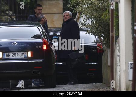 Thierry Herzog, der Anwalt des ehemaligen französischen Präsidenten Nicolas Sarkozy, trifft am 22. März 2018 in Paris in Sarkozys Haus ein; einen Tag nachdem er wegen Korruption wegen der Vorwürfe angeklagt wurde, dass der verstorbene libysche Diktator Moamer Kadhafi seinen Präsidentschaftswahlkampf 2007 finanziert hatte, einer der explosivsten politischen Skandale Frankreichs seit Jahren. (Foto von Mehdi Taamallah/NurPhoto) Stockfoto