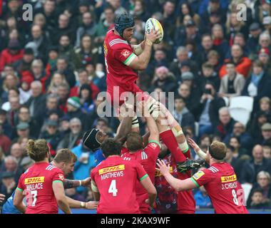 James Horwill von Harlequins während des Premiership-Spiels von Aviva zwischen Saracens und Harlequins im Londoner Stadion in London, England am 24. März 2018. (Foto von Kieran Galvin/NurPhoto) Stockfoto