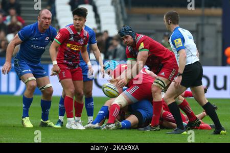 James Horwill von Harlequins während des Premiership-Spiels von Aviva zwischen Saracens und Harlequins im Londoner Stadion in London, England am 24. März 2018. (Foto von Kieran Galvin/NurPhoto) Stockfoto