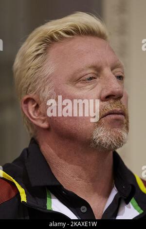 Boris Becker der ehemalige deutsche Tennisspieler nimmt an der offiziellen Verlosung im Vorfeld des Davis Cup World Group Quarter Finals zwischen Spanien und Deutschland am 5. April 2018 in Valencia, Spanien Teil (Foto: David Aliaga/NurPhoto) Stockfoto
