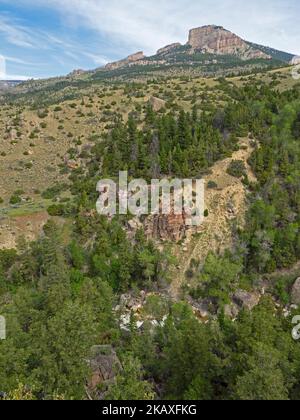 Rocky Cliff und Shell Creek, Shell Canyon, Bighorn National Forest, Wyoming, USA, Juli 2019 Stockfoto