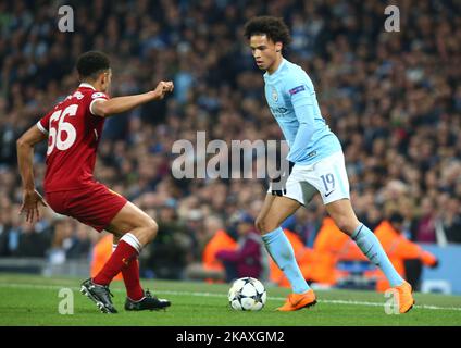 Leroy Sane von Manchester City beim UEFA Champions League Quarter Final Second Leg Match zwischen Manchester City und Liverpool am 10. April 2018 im Etihad Stadium in Manchester, England. (Foto von Kieran Galvin/NurPhoto) Stockfoto