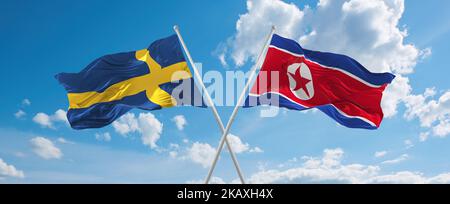 Zwei gekreuzte Fahnen Nordkoreas und Schwedens winken im Wind bei bewölktem Himmel. Konzept der Beziehung, des Dialogs, des Reisens zwischen zwei Ländern. 3D illustrat Stockfoto