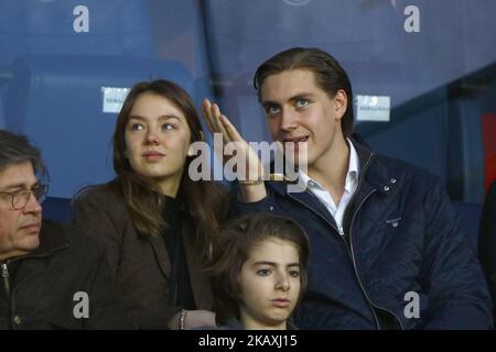 Prinzessin Alexandra von Hannover und Freund Ben Sylvester Strautmann nehmen am 15. April 2018 in Paris, Frankreich, am Ligue 1-Spiel zwischen Paris Saint Germain (PSG) und AS Monaco (ASM) im Stadion Parc des Princes Teil. (Foto von Mehdi Taamallah/NurPhoto) Stockfoto