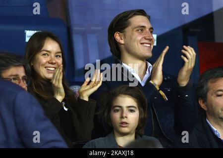 Prinzessin Alexandra von Hannover und Freund Ben Sylvester Strautmann nehmen am 15. April 2018 in Paris, Frankreich, am Ligue 1-Spiel zwischen Paris Saint Germain (PSG) und AS Monaco (ASM) im Stadion Parc des Princes Teil. (Foto von Mehdi Taamallah/NurPhoto) Stockfoto