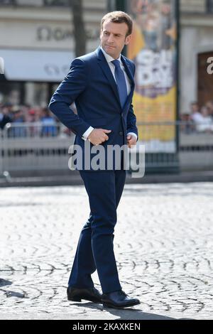 Der Präsident der Republik, Emmanuel Macron, kommt am 20. April 2018 zu einer Zeremonie in Gedenken an Xavier Jugele, einen französischen Polizisten, der vor einem Jahr bei einem Angriff auf der weltberühmten Avenue der Champs Elysees in Paris getötet wurde. (Foto von Julien Mattia/NurPhoto) Stockfoto