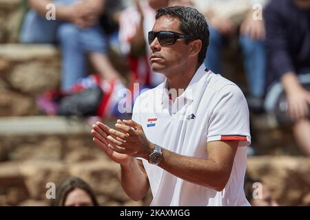 Ramon Delgado Kapitän von Paraguay reagiert am zweiten Tag des Fedcup World Group II Play-offs-Spiels zwischen Spanien und Paraguay im Centro de Tenis La Manga Club am 22. April 2018 in La Manga, Spanien (Foto von David Aliaga/NurPhoto) Stockfoto