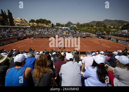 Gesamtansicht des Hauptgerichts während des Spiels zwischen dem spanischen Garbine Muguruza und Veronica Cepede Royg von Paraguay am zweiten Tag des Fedcup World Group II Play-offs-Spiels zwischen Spanien und Paraguay im Centro de Tenis La Manga Club am 22. April 2018 in La Manga, Spanien (Foto von David Aliaga/NurPhoto) Stockfoto