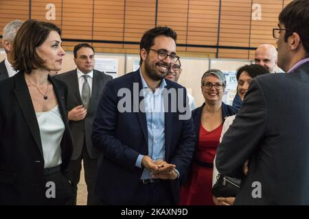 Die Internet Business and New Technologies Fair „The Web Conference“ fand im Rahmen der Digital Summ'R am 26. April 2018 in Lyon, Frankreich, statt. Mounir MAHJOUBI, Staatssekretär des Premierministers für digitale Medien, war bei der Show anwesend. (Foto von Nicolas Liponne/NurPhoto) Stockfoto