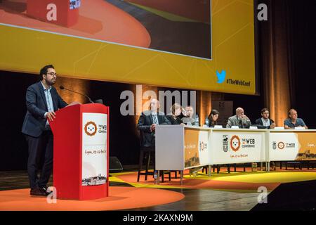 Die Internet Business and New Technologies Fair „The Web Conference“ fand im Rahmen der Digital Summ'R am 26. April 2018 in Lyon, Frankreich, statt. Mounir MAHJOUBI, Staatssekretär des Premierministers für digitale Medien, war bei der Show anwesend. (Foto von Nicolas Liponne/NurPhoto) Stockfoto