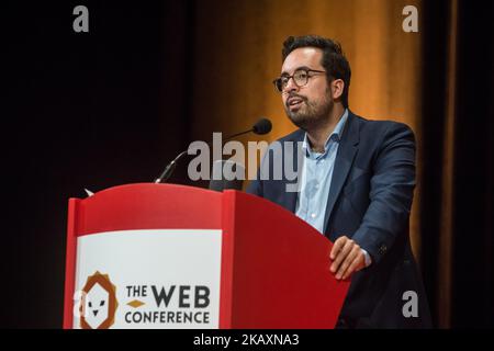 Die Internet Business and New Technologies Fair „The Web Conference“ fand im Rahmen der Digital Summ'R am 26. April 2018 in Lyon, Frankreich, statt. Mounir MAHJOUBI, Staatssekretär des Premierministers für digitale Medien, war bei der Show anwesend. (Foto von Nicolas Liponne/NurPhoto) Stockfoto