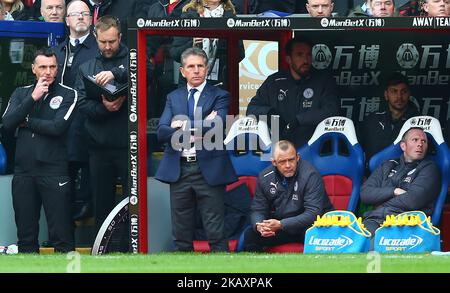 Claude Puel, Manager von Leicester City, während des Premiership League-Spiels zwischen Crystal Palace und Leicester City im Selhurst Park, London, England am 28. April 2018. (Foto von Kieran Galvin/NurPhoto) Stockfoto