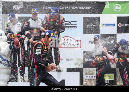 THIERRY NEUVILLE (Bel) und NICOLAS GILSOUL (Bel) im HYUNDAI I20 Coupe WRC von HYUNDAI SHELL MOBIS WRT Gewinner der Rallye während des Podiums (Power Stage) der WRC Vodafone Rally de Portugal 2018, in Matosinhos in Portugal am 20. Mai 2018. (Foto von Paulo Oliveira / DPI / NurPhoto) Stockfoto