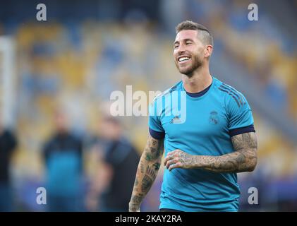 Der spanische Verteidiger von Real Madrid, Sergio Ramos, wurde am 25. Mai 2018, am Vorabend des UEFA Champions League-Finalspiels zwischen Liverpool und Real Madrid, bei einem Mannschaftstraining von Real Madrid im Olympiastadion in Kiew, Ukraine, ausgetragen. (Foto von Raddad Jebarah/NurPhoto) Stockfoto